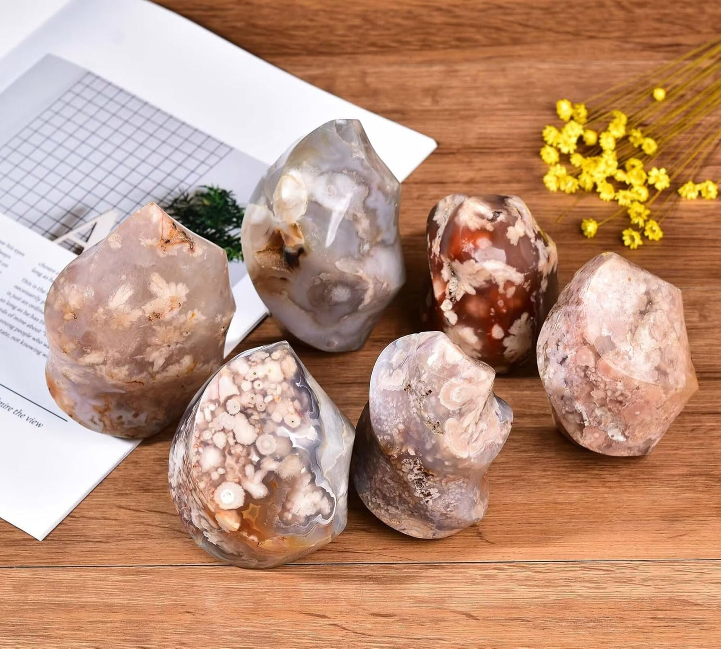 AMOYSTONE Cherry Blossom Agate Flame Shaped Stone Towers Obelisk Flower Agate Natural Healing Crystal Quartz Reiki Energy Decoration Home Office 1.5-2.2LBS