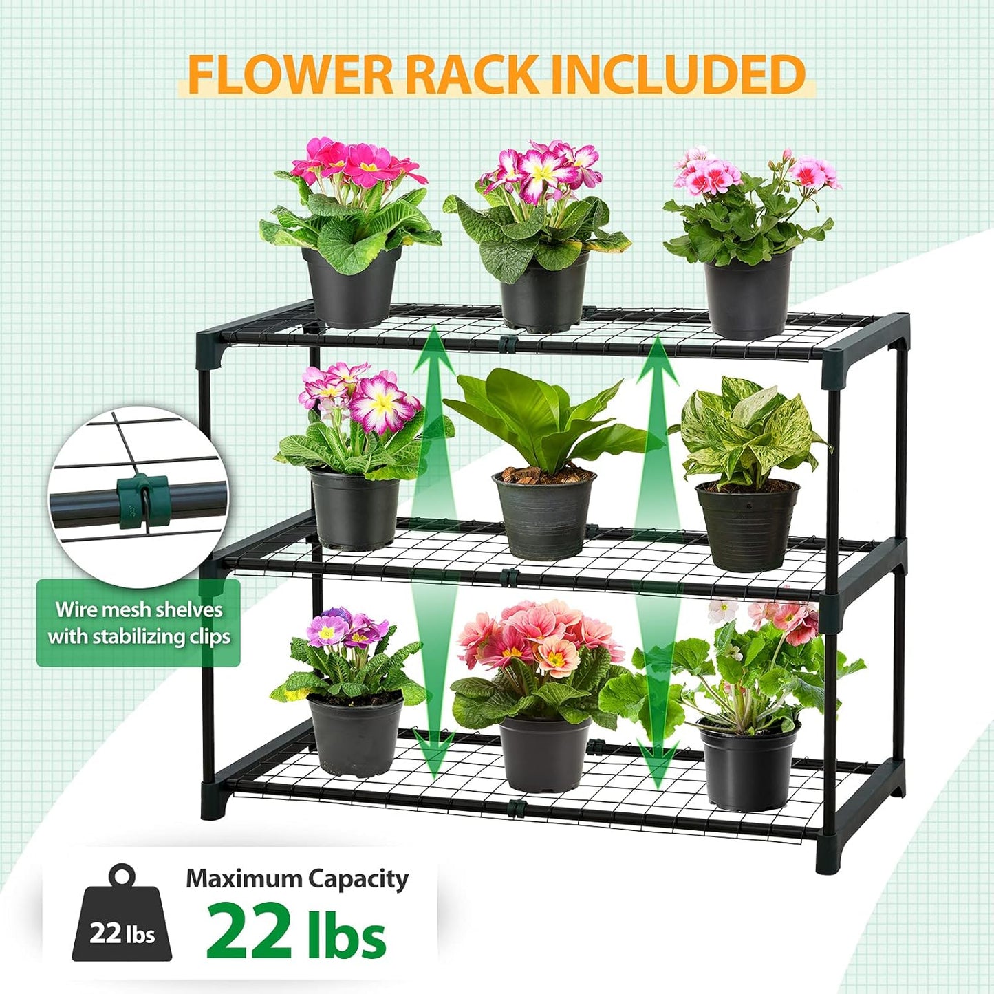 EAGLE PEAK 3 Tier Lean to Portable Greenhouse, Heavy-Duty Indoor & Outdoor Garden with Wire Shelves, 2 Roll-Up Zipper Doors, Easy Assembly, 79"x39"x83" Clear/Green PE Cover