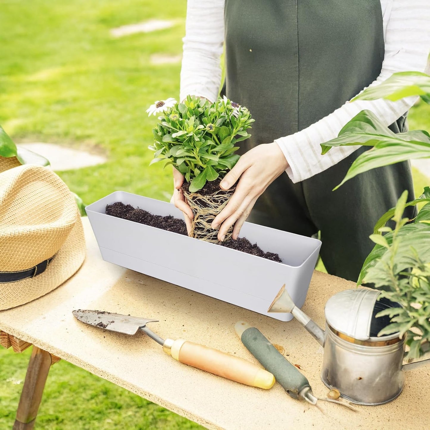 GREANER 16x3.8 Inch Window Boxes Planters, 1PCS White Vegetable Herb Planters with Tray, Indoor Succulent Cactus Flowers Plastic Rectangle Pot for Balcony, Office, Garden, Outdoor, Windowsill