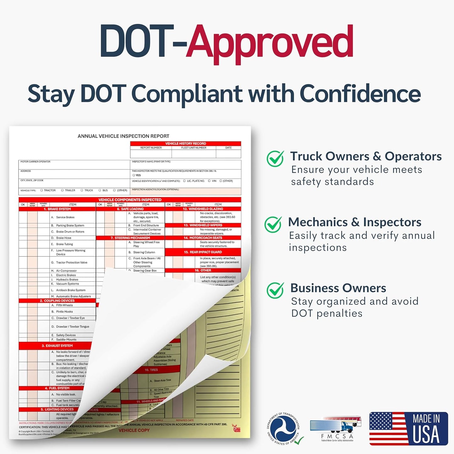 10 Pack 3-Ply Carbonless Annual Vehicle Inspection Report Forms with FMCSA Red Aluminum Labels & White Mylar Laminate Vinyl Labels, DOT Inspection Forms and Stickers, Shrink-Wrapped, 8.5" x 11.75"