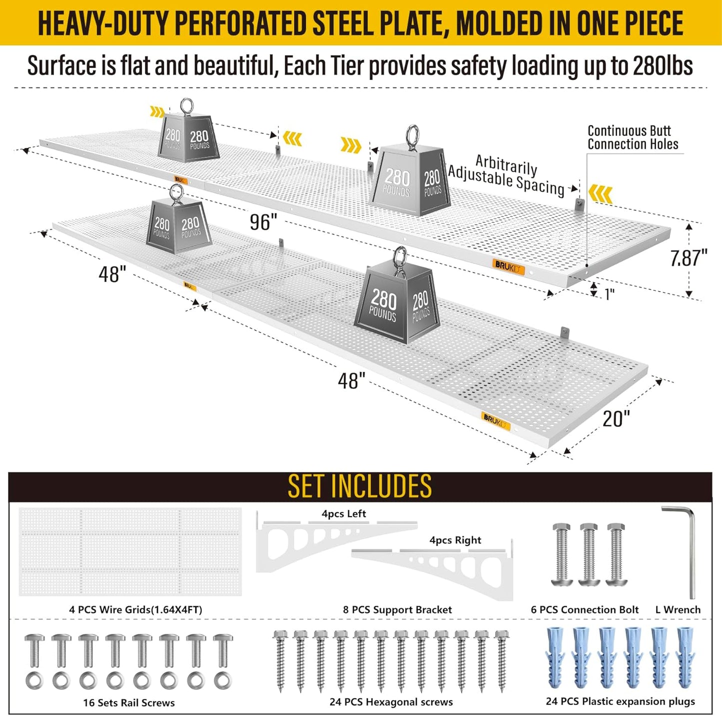 4Pack 1.64x4ft Adjustable Metal Garage Wall Shelving Heavy Duty Garage Storage Shelf Wall Mounted White