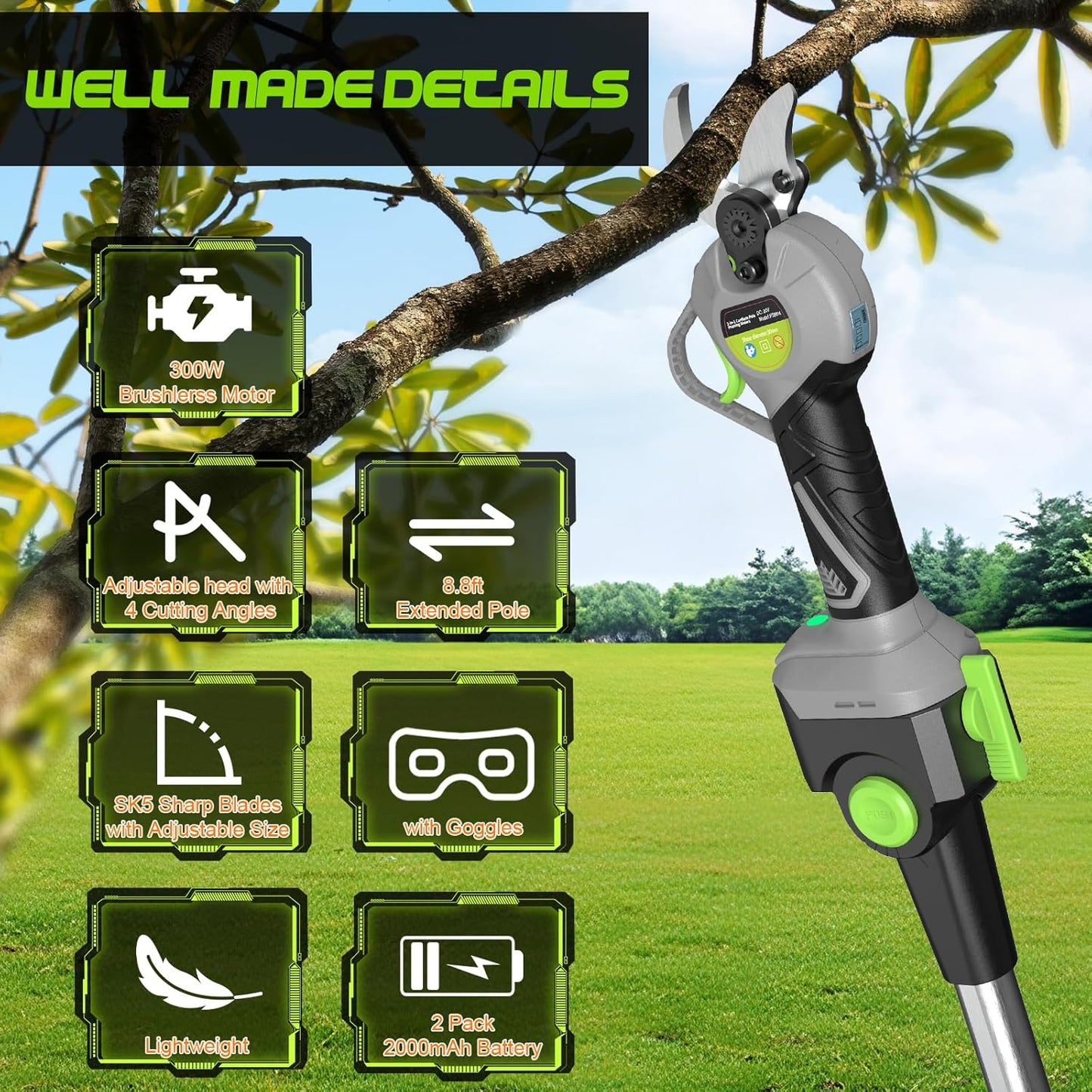 2 In 1 Pole Pruning Shears Cordless (2025 Upgraded), Electric Pruning Shears with LCD Display, 30mm Cutting Diameter Pole Pruners for Tree Trimming, with 2 Pack 2.0Ah Batteries and Goggles