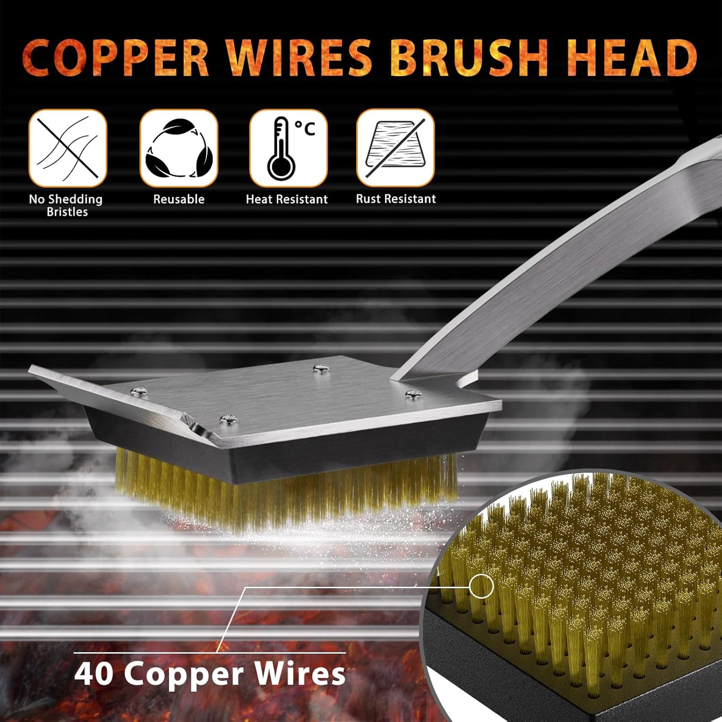 ENLOY Copper Wire Grill Brush Replacement Head, Grill Cleaning Bristle Brush with 4 Screws, BBQ Cleaning Replacement Brush Head for Gas, Porcelain, Ceramic, Cast Iron, Stainless Steel Grills and More