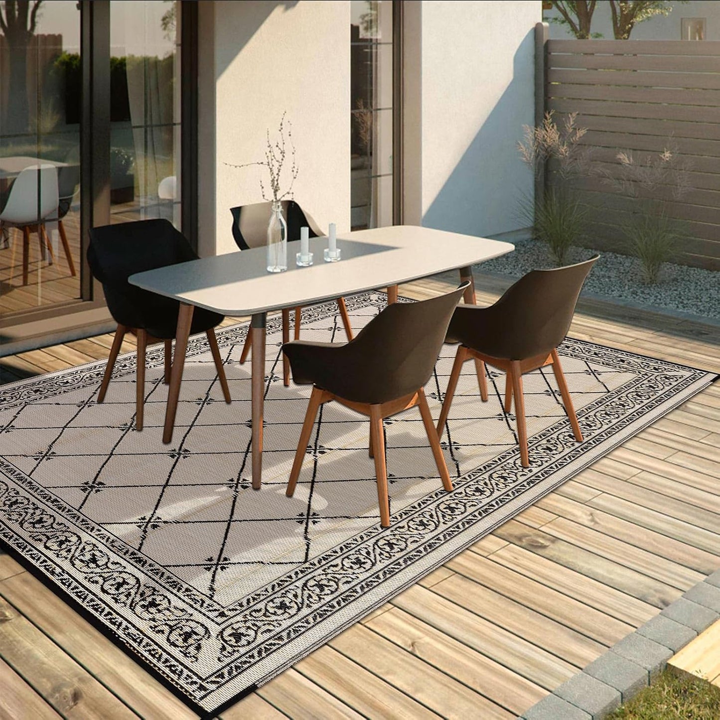 Outdoor Rug 8'x10' for Patios Waterproof Patio Rugs Outdoor Mats for Front Porch,Beach Mat,Reversible Plastic Straw Camping Rugs for Outside RV,Deck,Balcony,Backyard，Black&Beige