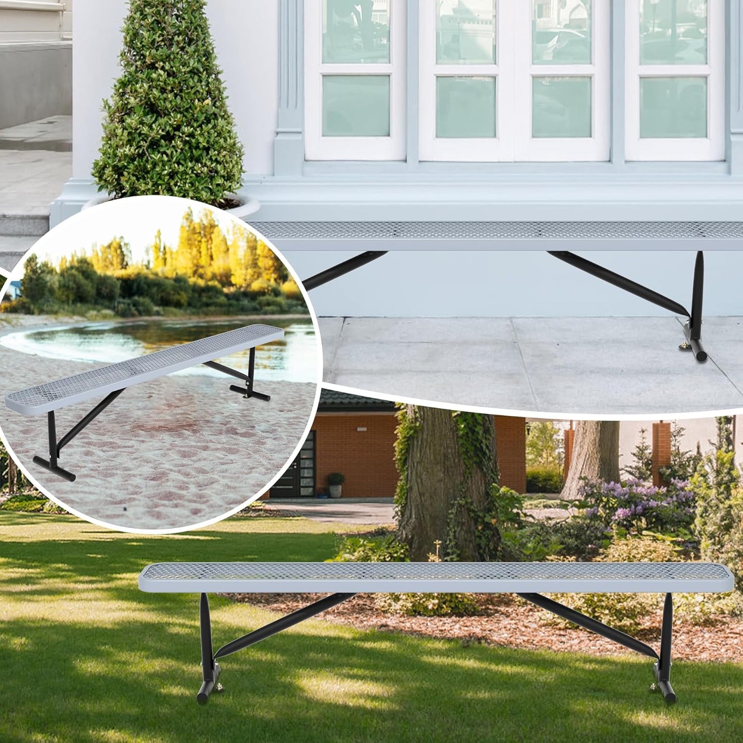 48" L Outdoor Steel Flat Bench, Heavy Duty Metal Park Bench for Outside, Expanded Metal, Commercial Benches Mesh Bench for Shopping Mall, Store, Lawn, Park, Patio, Deck, Garden (Grey, 8FT)