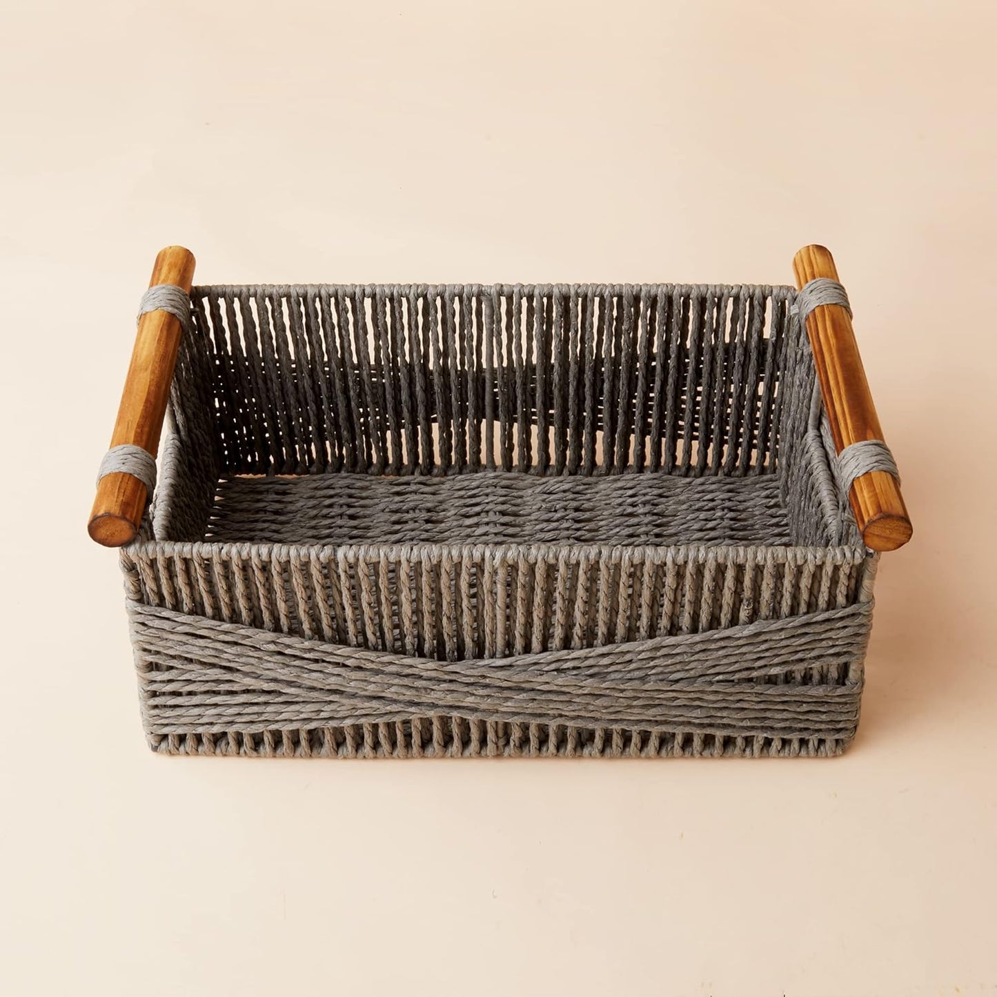 LA JOLIE MUSE Wicker Storage Baskets for Organizing, Recyclable Paper Rope Basket with Wood Handles, Decorative Hand Woven Basket Organizers for Makeup Books Shelves Living Room, Grey, Set of 2