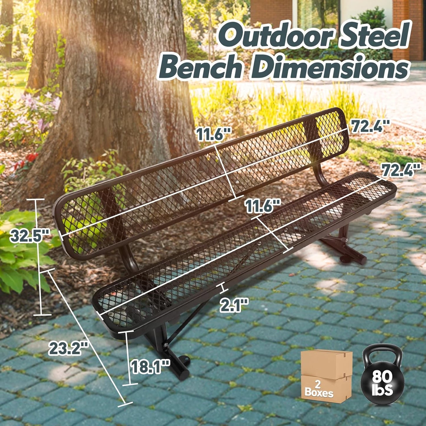 Heavy-Duty Park Bench or Table for Outside - Black Coated Outdoor Furniture Steel Bench, Commercial-Grade Outdoor Benches Weatherproof for Park, Patio, Porch (Black, 6FT (with Backrest))