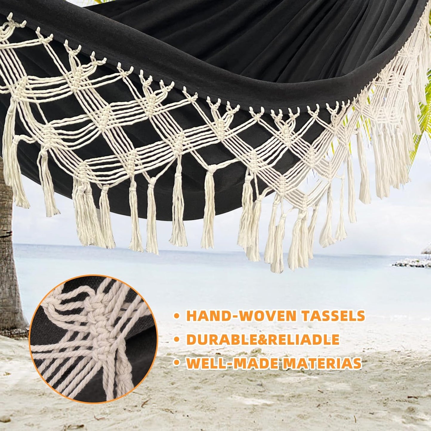 Hammock Hanging Swing Double Max 500lbs Macrame for Indoor Outdoor Patio Yard Garden (Black Gray)