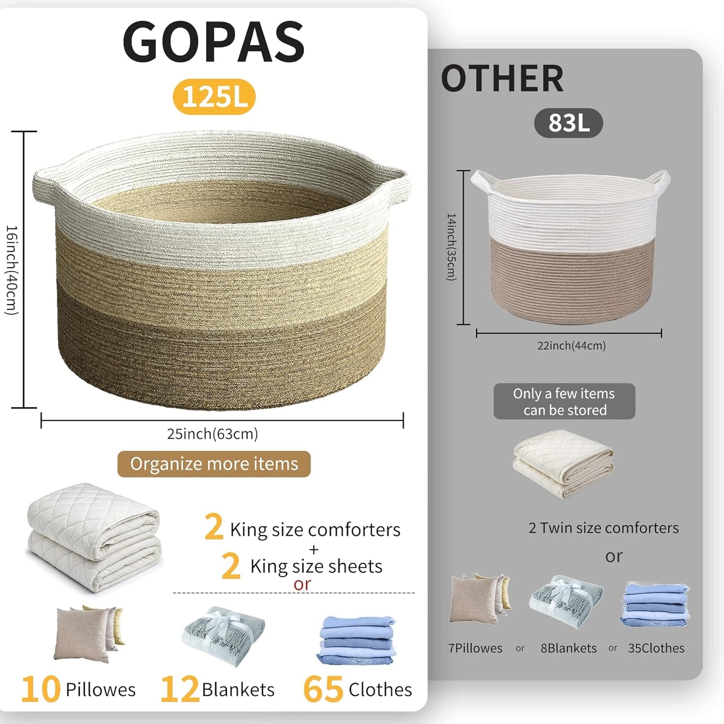 125L Extra Large Blanket Basket, 25" x 16", Jumbo Laundry Woven Basket Decorative Home, Cotton Rope Basket with Handles, Baby Toy Basket for Storage, Gradual Brown