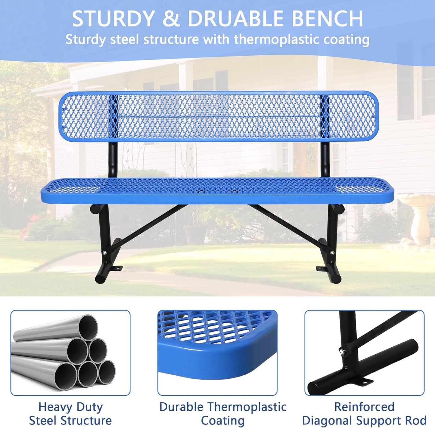 4/6/8 Feet Park Bench for Outside Heavy Duty Metal, Garden Benches Outdoor Bench with Backrest & Portable Frame, for Shopping Malls Stores Parks Patios Decks, Blue