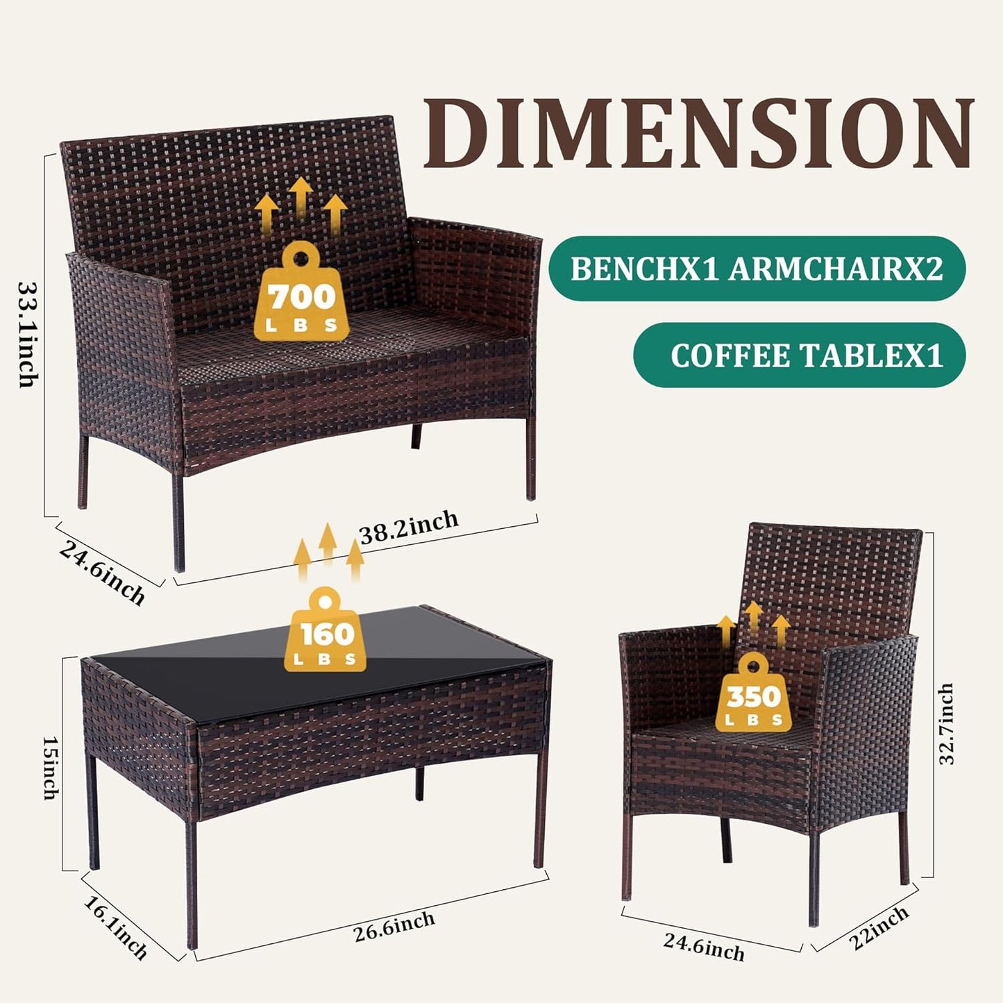 4 Piece Patio Furniture Set - Outdoor Conversation Sets with Coffee Table, Rattan Chair Set for Garden/Poolside, Brown/Red