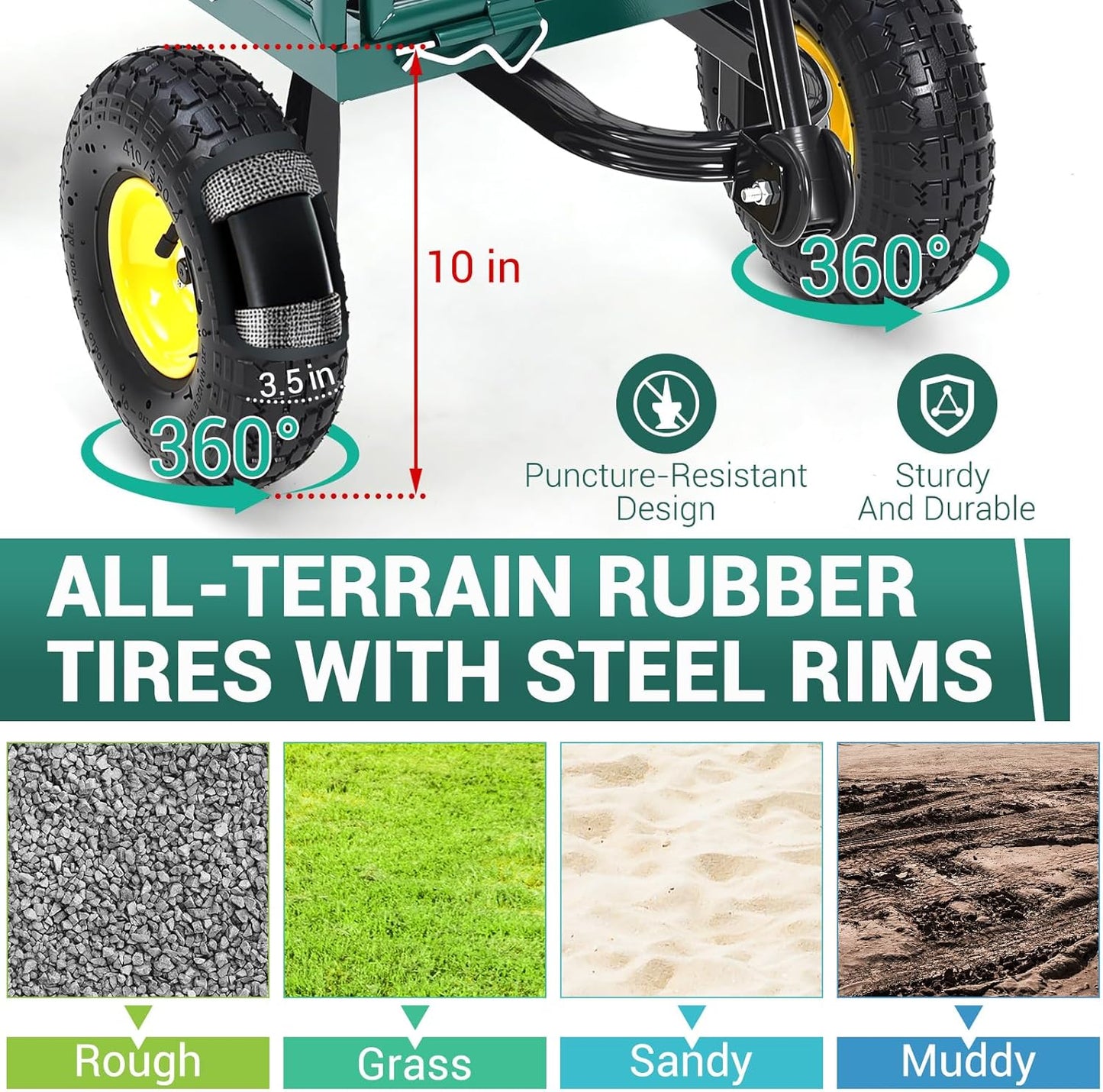 Heavy Duty Steel Garden Cart, 550LBS Pullable Metal Garden Wagon with 10" Wheels, 180° Rotating Handle and Removable Sides for Outdoor, Farm, Yard, Beach ﻿