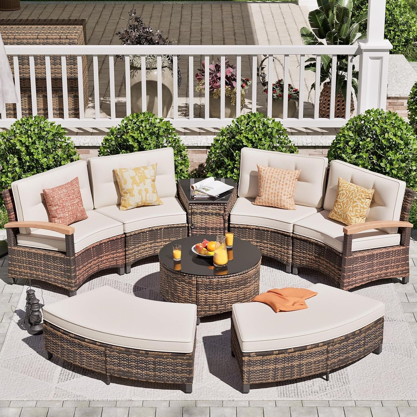 8 Piece Outdoor Patio Furniture Set, Half-Moon Curved Sectional Set with Wood Armrests, Patio Conversation Set, 2 Half-Moon Ottomans，Coffee & Side Tables (Brown)