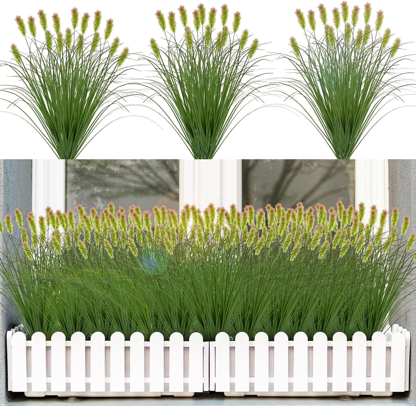 Artificial Grass Plants Outdoor 12 Bunches Fake Onion Grasses with Plush Fake Shrubs Plant Flowers Faux Greenery Wheat Sea Grass for Outside Garden Indoor House Home Office Room Décor (Green & Red）