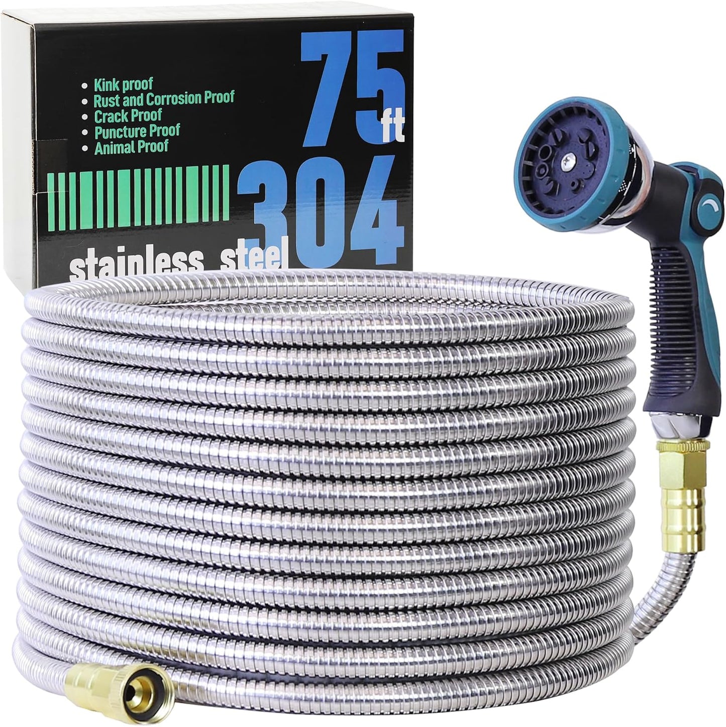 75FT 5/8'' Garden Hose, 304 Stainless Steel Water Hose, Flexible with a 10-Mode Nozzle Sprayer, No Kink, Lightweight, Puncture Proof Metal Hose, Ideal for Yard, Lawn, Outdoor