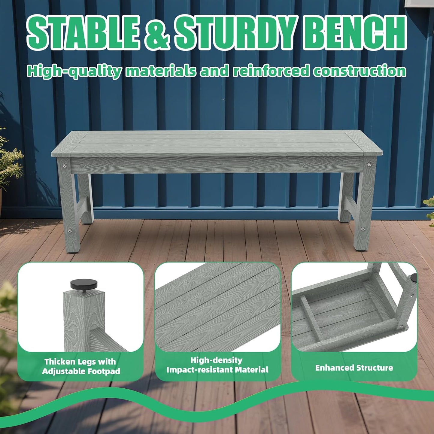 51" HIPS Outdoor Bench Weatherproof,All-Weather 2-Person Patio Dining Bench Holds up to 800LBS,Poly Lumber Garden Bench,Never Rot or Fade, Park Bench with Wood Grains for Porch, Garden, Deck, Entryway