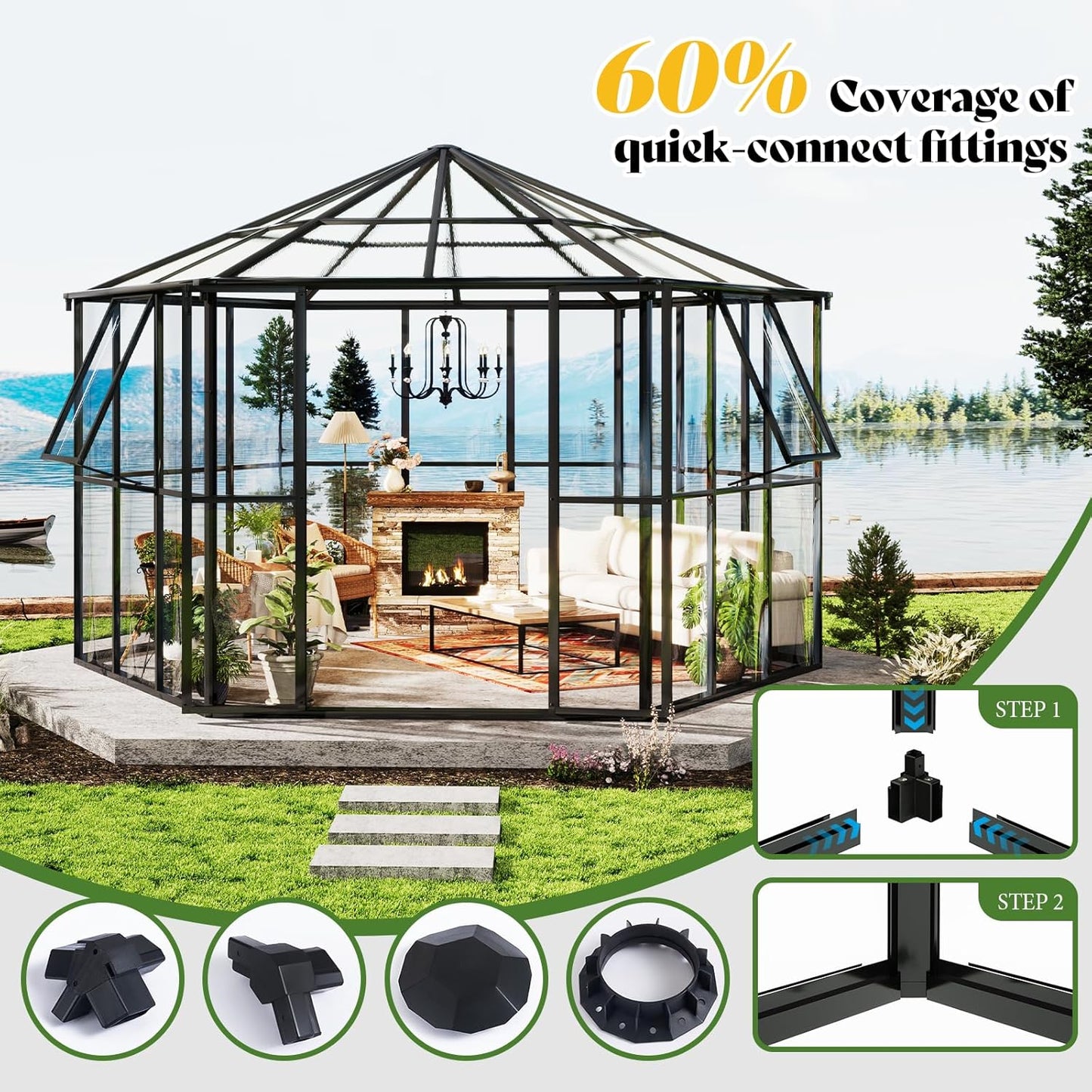 AMERLIFE 12x10x8 FT Hexagonal Hybrid Polycarbonate Greenhouse for Outdoors, Quick-Connect Assembly, Aluminum Frame with Ventilation and Rain Gutter for Backyard Garden, Black