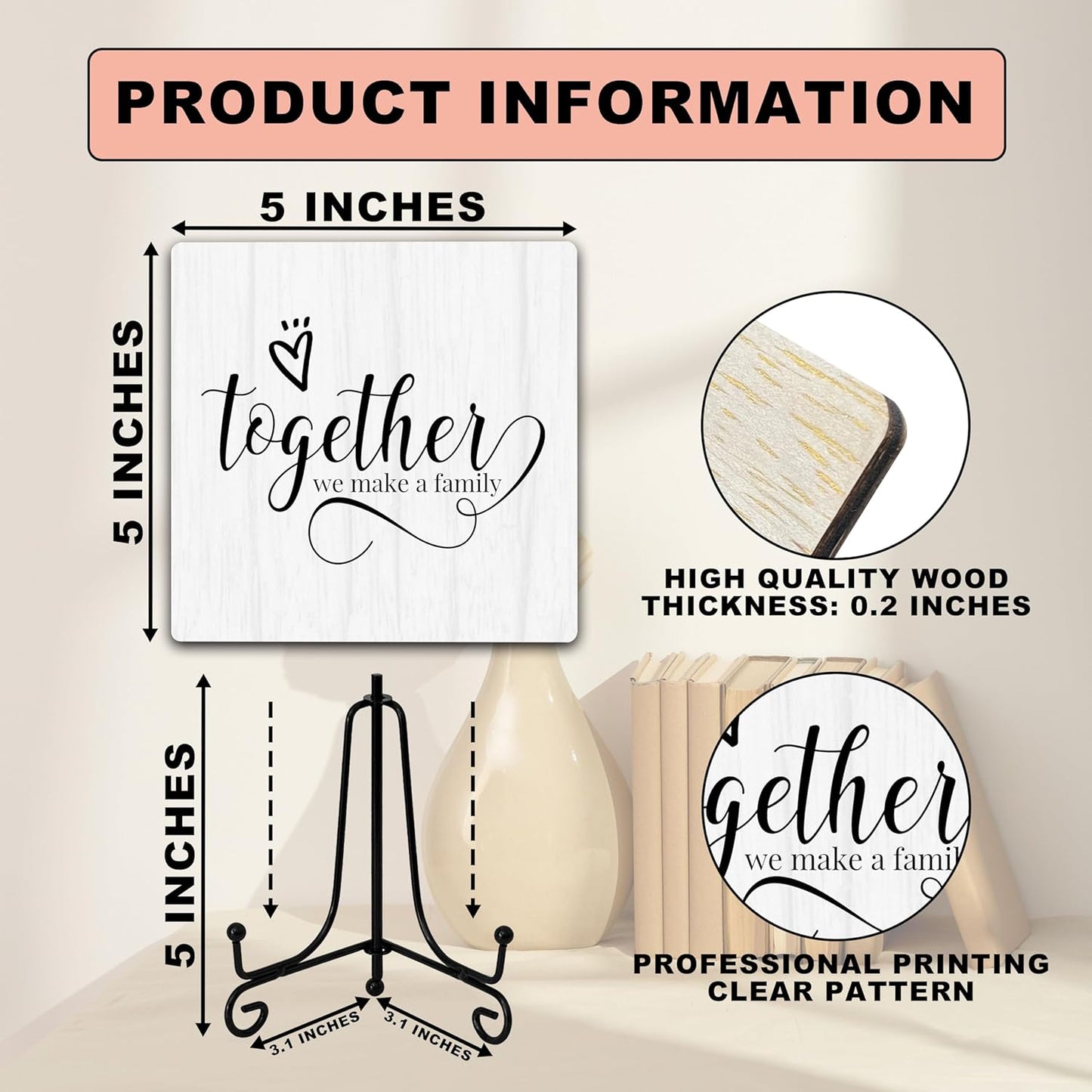 Eronm Desk Sign, Home Office Decor, Together We Make a Family, 5 inches Square Wood, Iron Sign, Perfect for Home, Office, Gifting