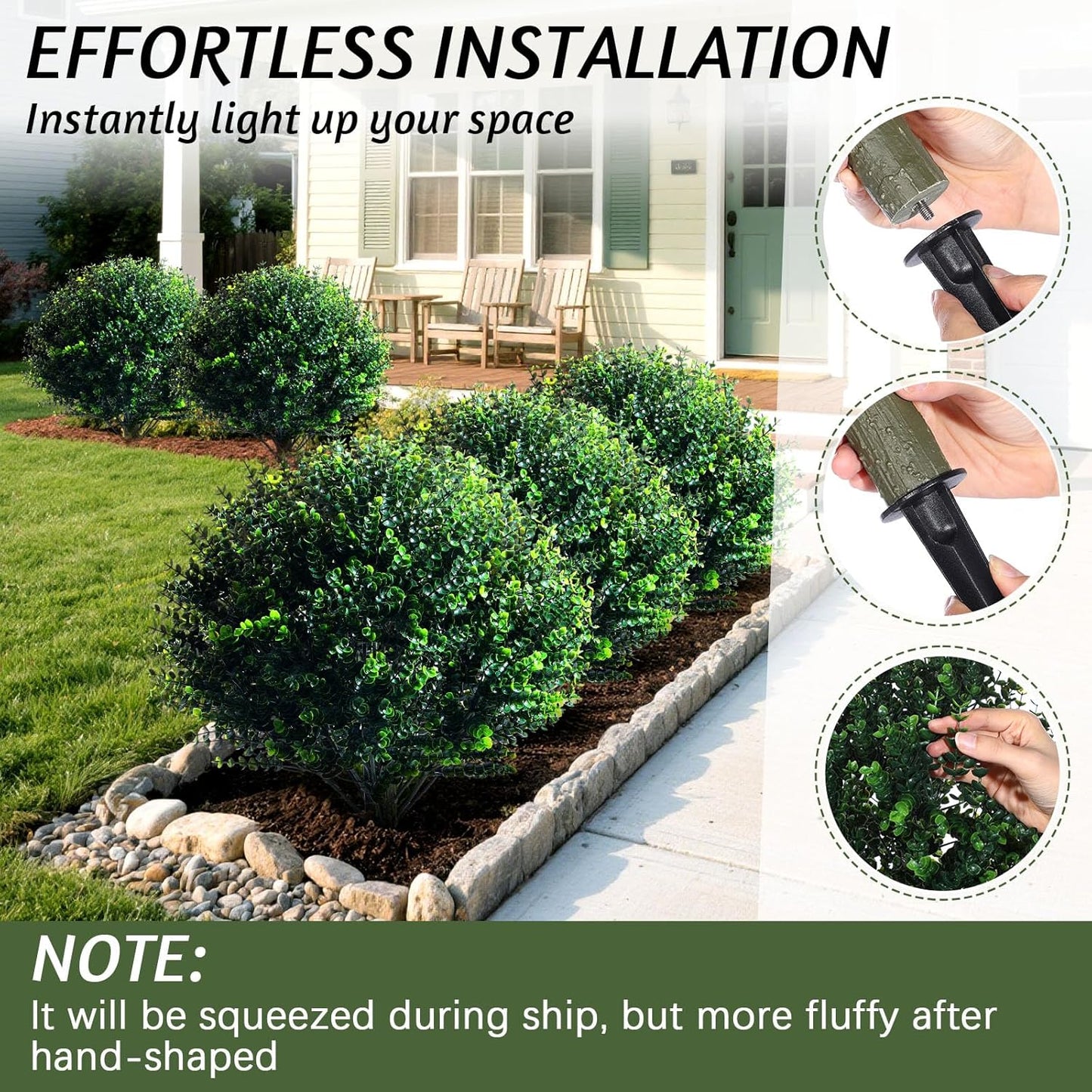 Yunlly 2 Pcs 18 Inch Artificial Boxwood Ball Topiary Tree Fake Outdoor Plants Bush, UV Resistance Faux Shrubs with Spike Realistic Greenery Potted for Indoor Garden Yard Porch Patio Decor (Dark Green)