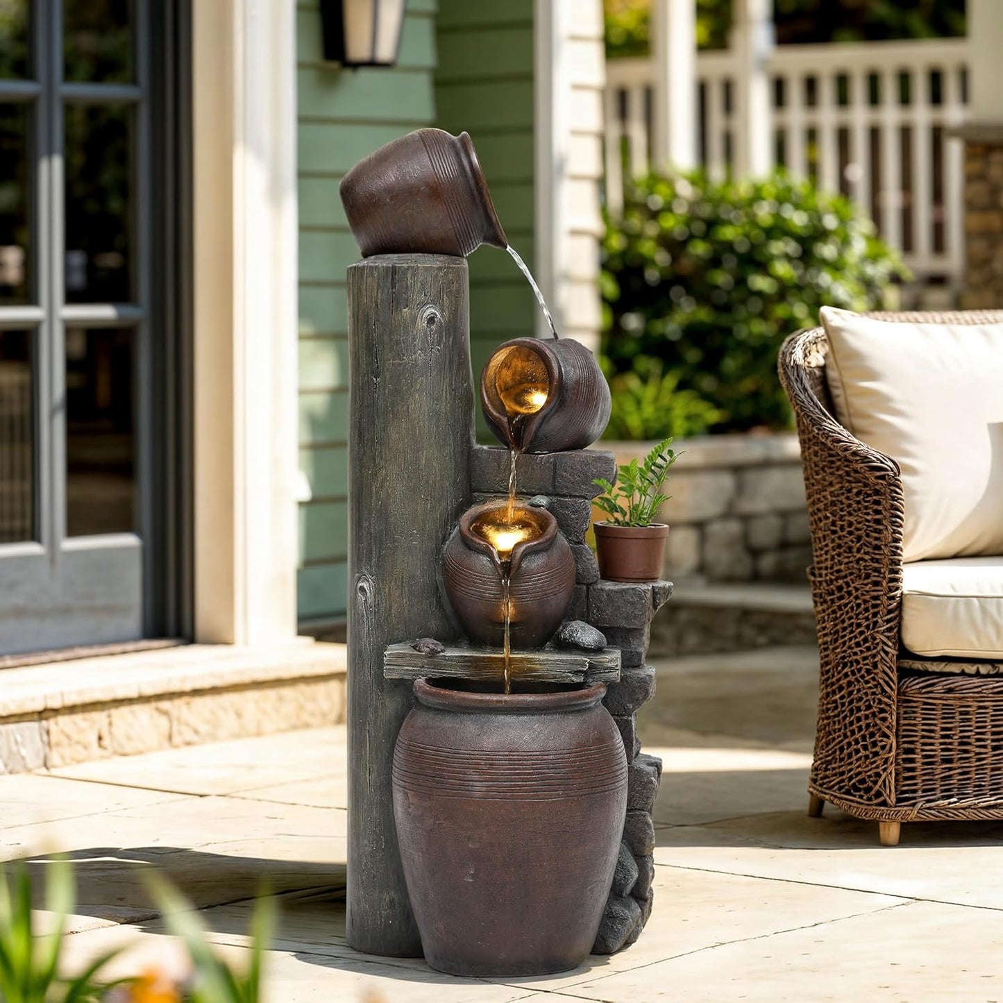 40" H Overszied Outdoor/Indoor Water Fountain with LED Lights and Pump, Cascading Pitchers Farmhouse Garden Fountain Waterfall for Patio, Porch, or Yard