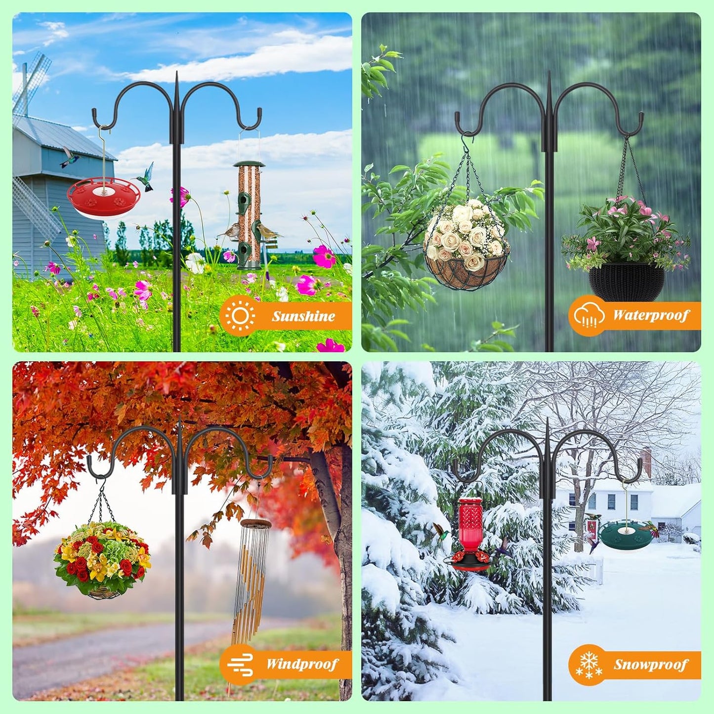 FEED GARDEN Adjustable Double Shepherds Hook for Outdoor with 5 Prong Base 76 Inch Heavy Duty Two Sided Bird Feeder Pole for Hanging Plant Baskets, Solar Light Lanterns, Wind Chimes 2 Pack
