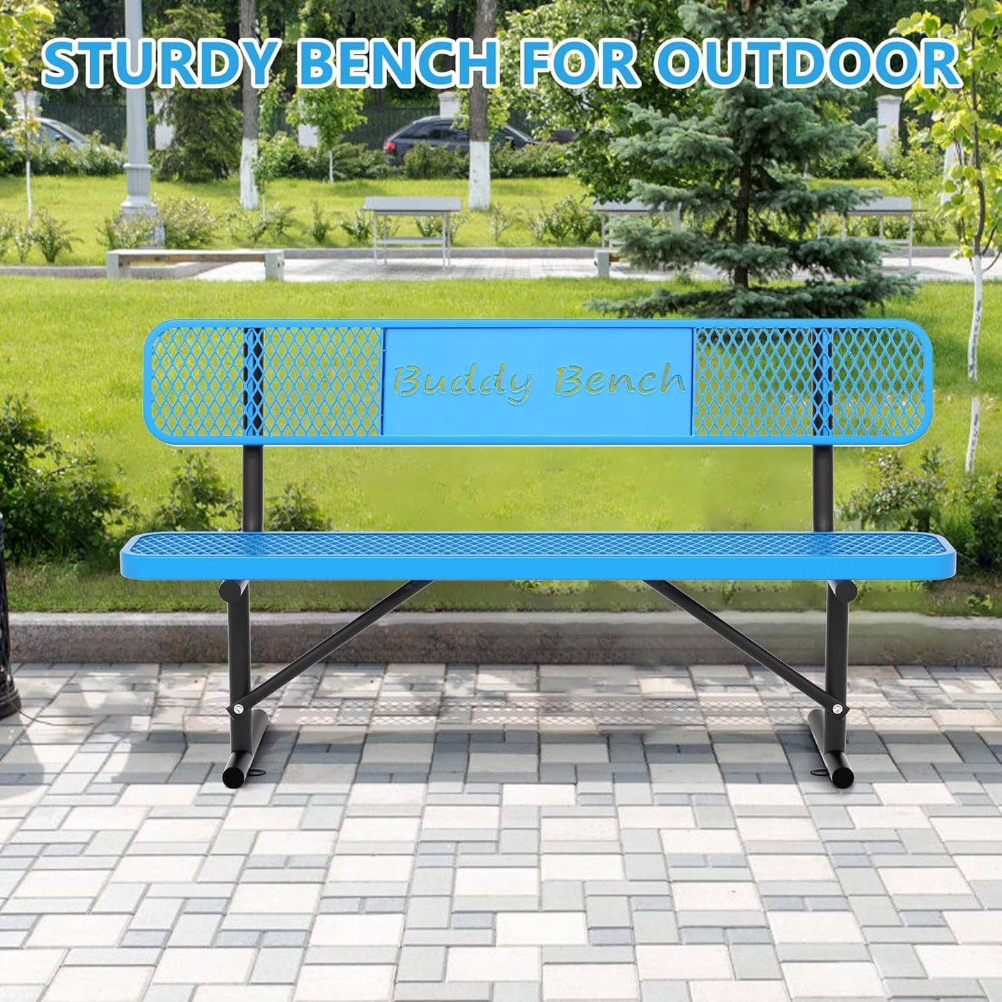 6 Feet Steel Park Bench for Outside, Outdoor Bench with Backrest & Portable Frame, Commercial Benches for Parks, School, Patio, Deck, Store,Blue