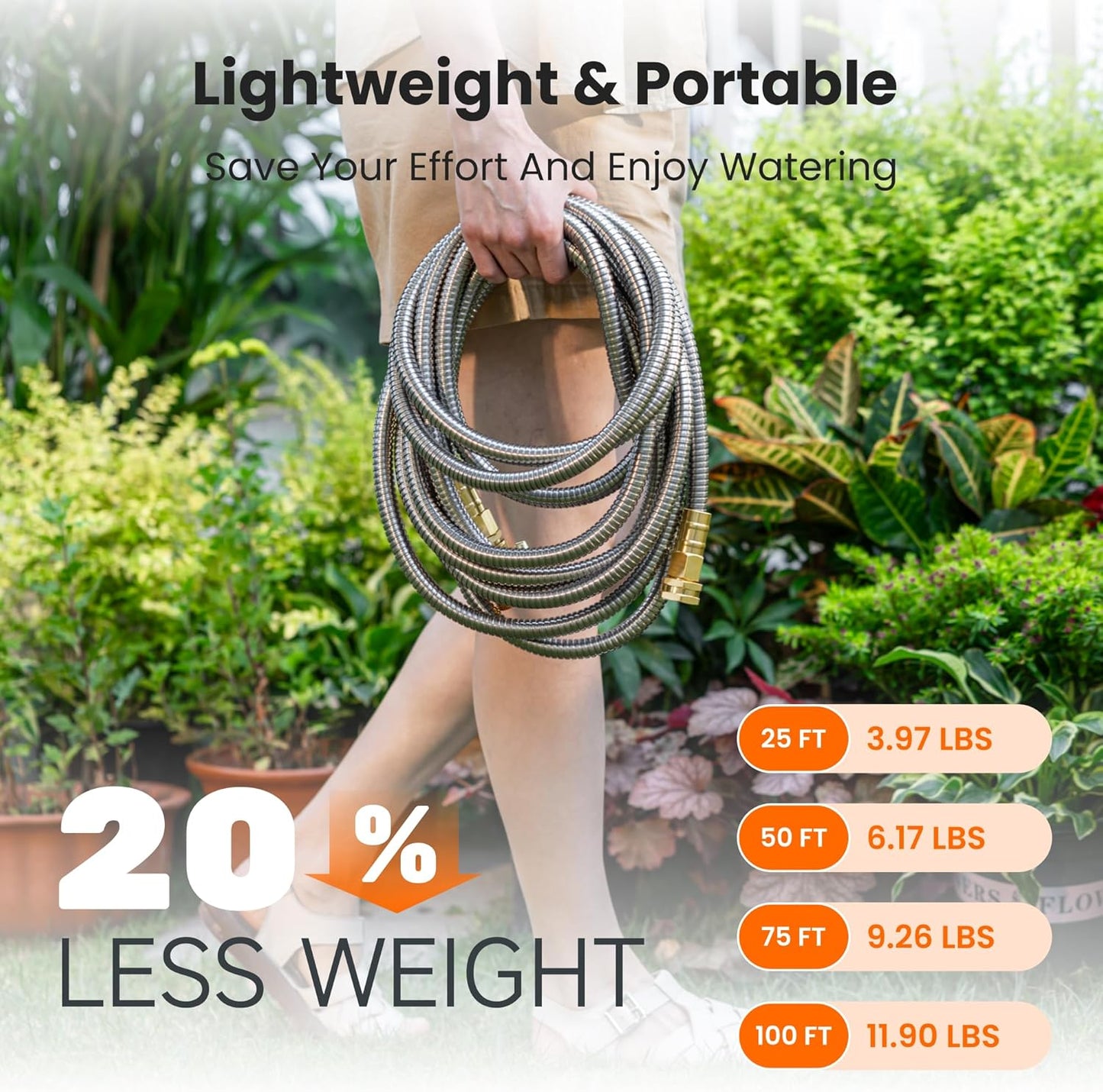 Giraffe Tools Garden Hose 50ft x 5/8", 304 Stainless Steel Metal Water Hose, No Kink Garden Water Hose with 9 Pattern Spray Nozzle, Flexible, Lightweight, Kink Free Hose for Yard, Outdoor