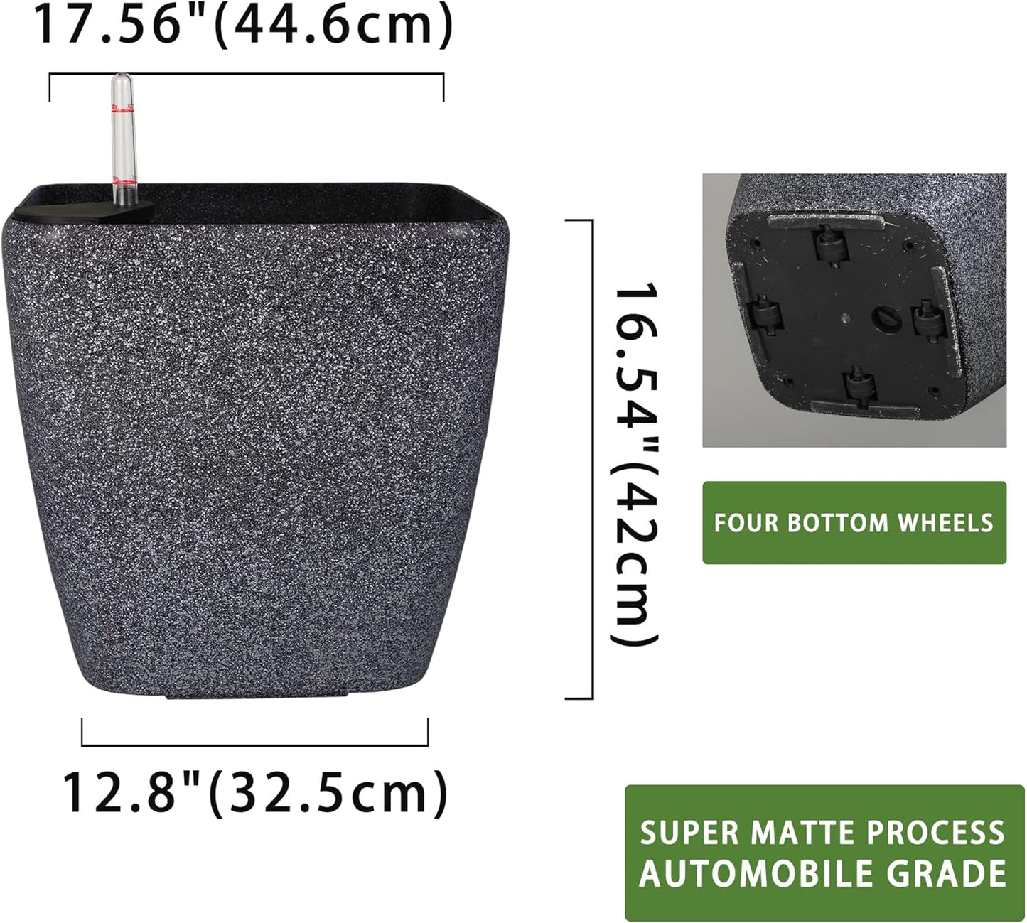 Dexceder 18x17 Self Watering Planter with Wheels Indoor Outdoor, Inner Mat Design, Thickened Large Floor Standing Flower Plant Pot with Water Level Indicator (Stone Matte)