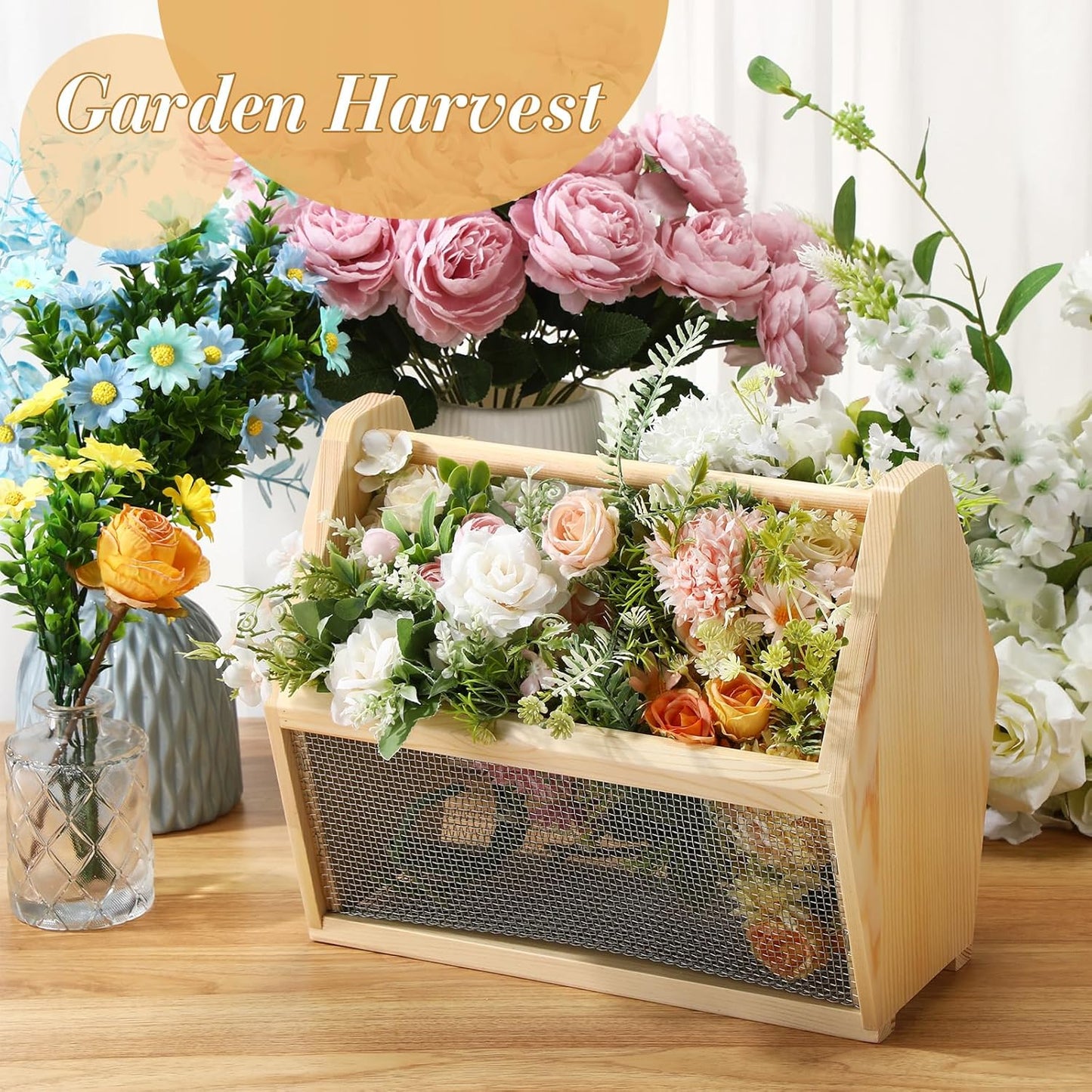 Garden Hod Harvest Basket Garden Harvesting Basket 12 x 10 x 7.5 Inch Pine and Metal Mesh Gardening Hod with Wood Handle for Flower Vegetable Fruit Gathering Supply Gift for Gardener