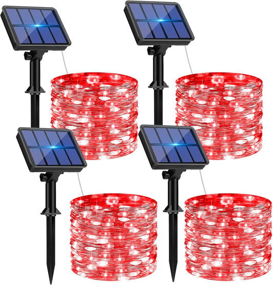 4 Pack Solar String Lights Outdoor - 320LED 132FT Solar Fairy Lights Waterproof 8 Modes, Copper Wire Solar Powered Twinkle Lights for Outside Tree Garden Christmas Wedding Party Decor, Red