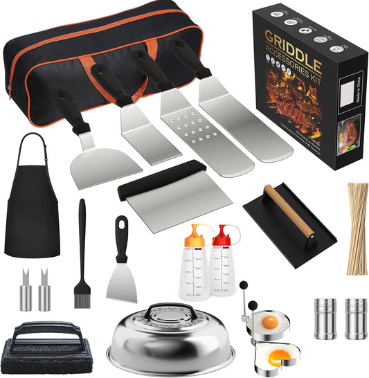 120 Pcs Griddle Accessories Kit for Blackstone - Perfect Flat Top Grill Accessories for Outdoor, Professional Round Melting Dome with Cast Iron Smash Burger Press for Barbecue.