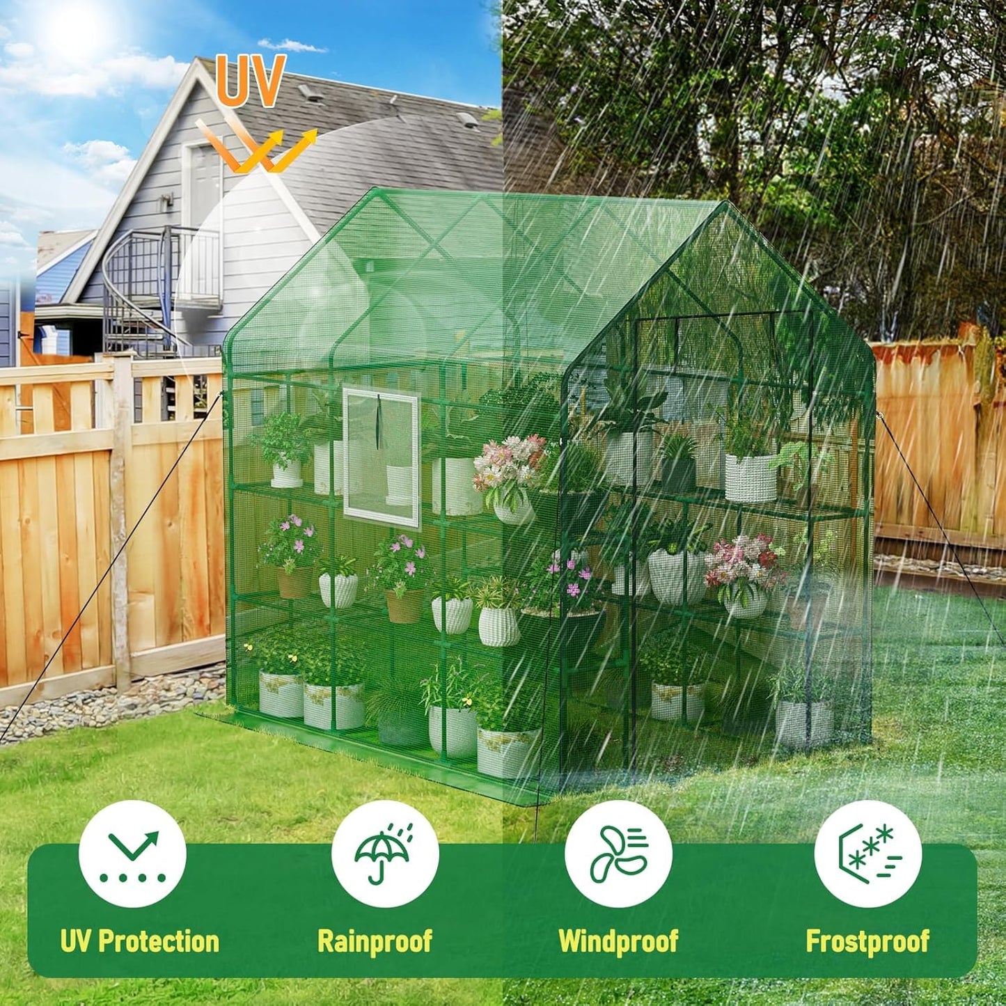 56×85×77Inch Walk-in Greenhouse, Heavy Duty Small Plant House with Thicken PE Cover and Steel Frame, for Garden, Outdoors, Indoors, Green