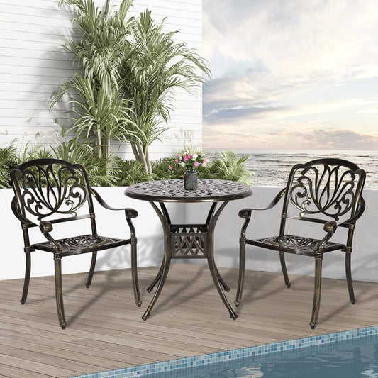 3-Piece Outdoor Patio Dining Set, All-Weather Cast Aluminum Patio Furniture Set for Backyard Garden Deck with 2 Chairs and 31” Round Table, 2" Umbrella Hole