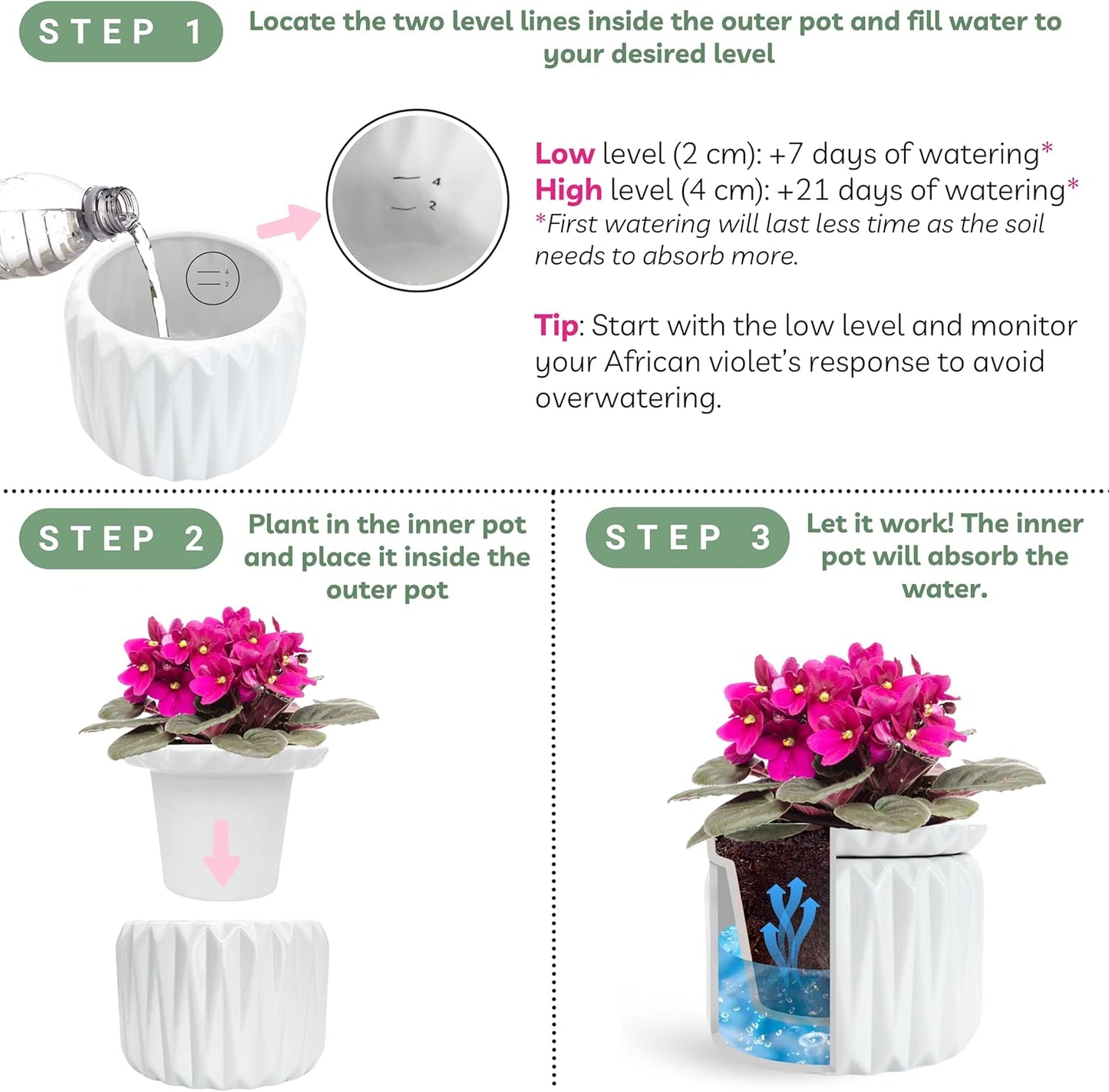 6 inch Self Watering Pot for Indoor Plants, African Violet Pot Ceramic, Flowers Planter (4 inch Opening), Holds 3 Weeks of Water (1 Pack)