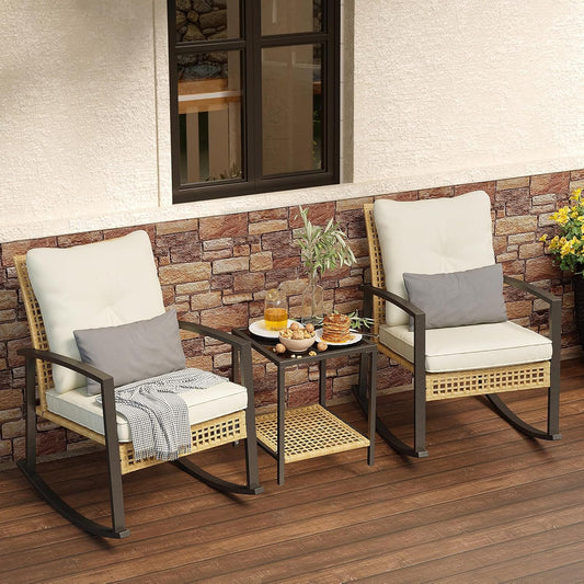 3 Piece Patio Rocking Chairs Set of 2, Outdoor Rocking Chair Bistro Set with Tempered Glass Coffee Table and Thick Lumbar Pillow Set, Front Porch Chairs for Garden, Backyard, Poolside (Beige)