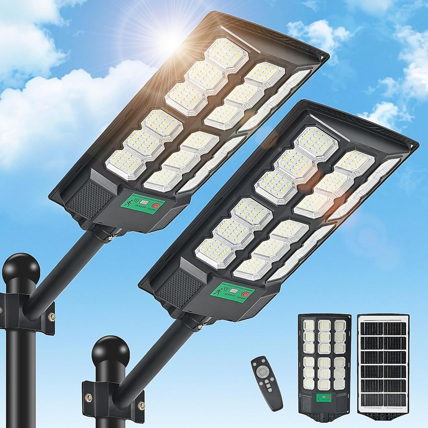 2025 New Solar Street Lights Outdoor Waterproof 6500K 20000LM 5730 LEDs Solar Parking Lot Lights Dusk to Dawn Flood Light Motion Sensor and Remote Control for Area Lighting Yard, 2 Pack