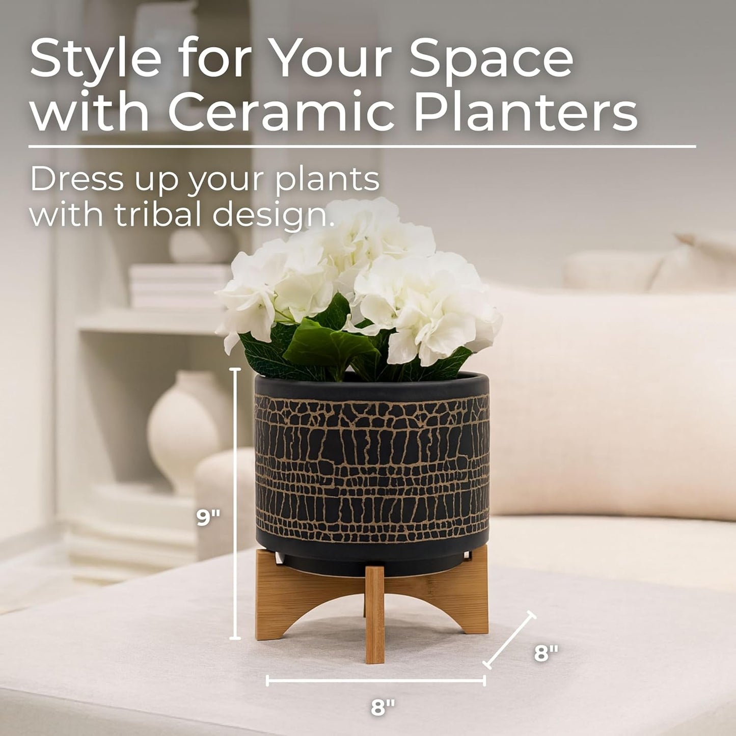 Glazed Decorative Planter Pot with Wood Stand – Ceramic Stoneware Outdoor & Indoor Plant Pot with Cracked Pattern – Modern Garden & Home Decor Planters – 9", Black