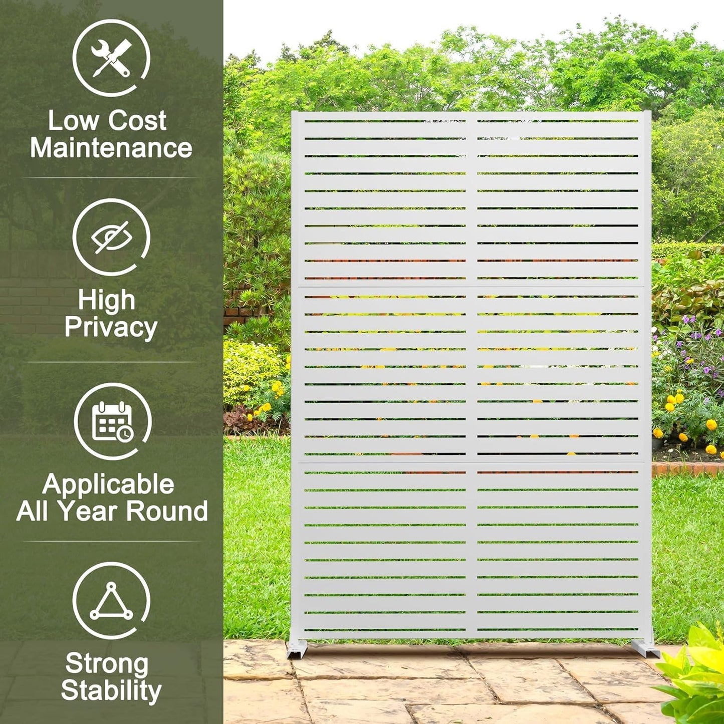 Metal Privacy Screen Outdoor 72" H×47" W,Freestanding Decorative Privacy Screen for Balcony Yard&Garden,Privacy Fence-White&Louvered