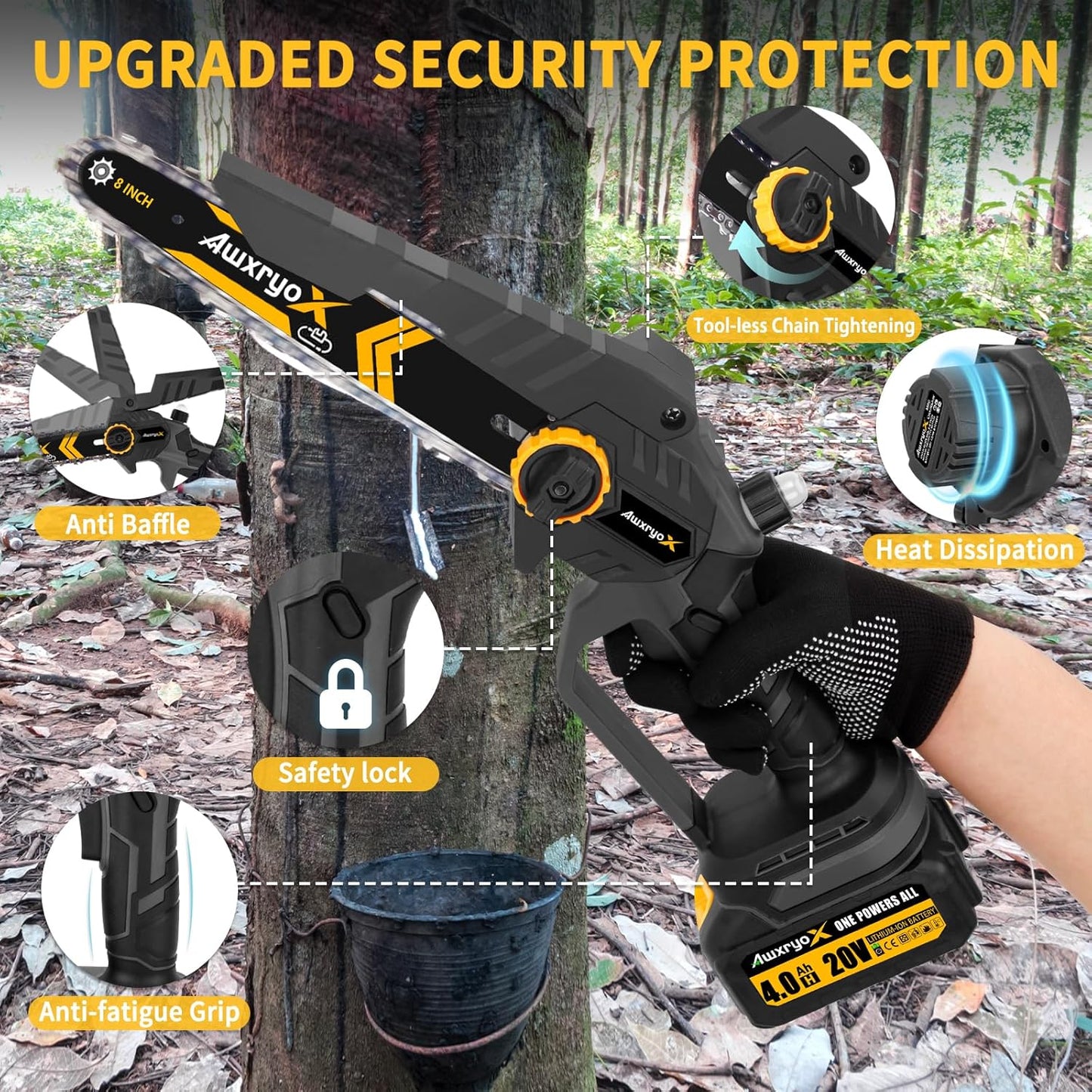 8" & 6" Mini Chainsaw Brushless, 2025 Upgraded 2x4.0AH Battery Portable Handheld Small Cordless Saw with 4 x Guide Plate, Electric Hand Saw Motosierra for Wood/Tree Cutting Gardening Pruning
