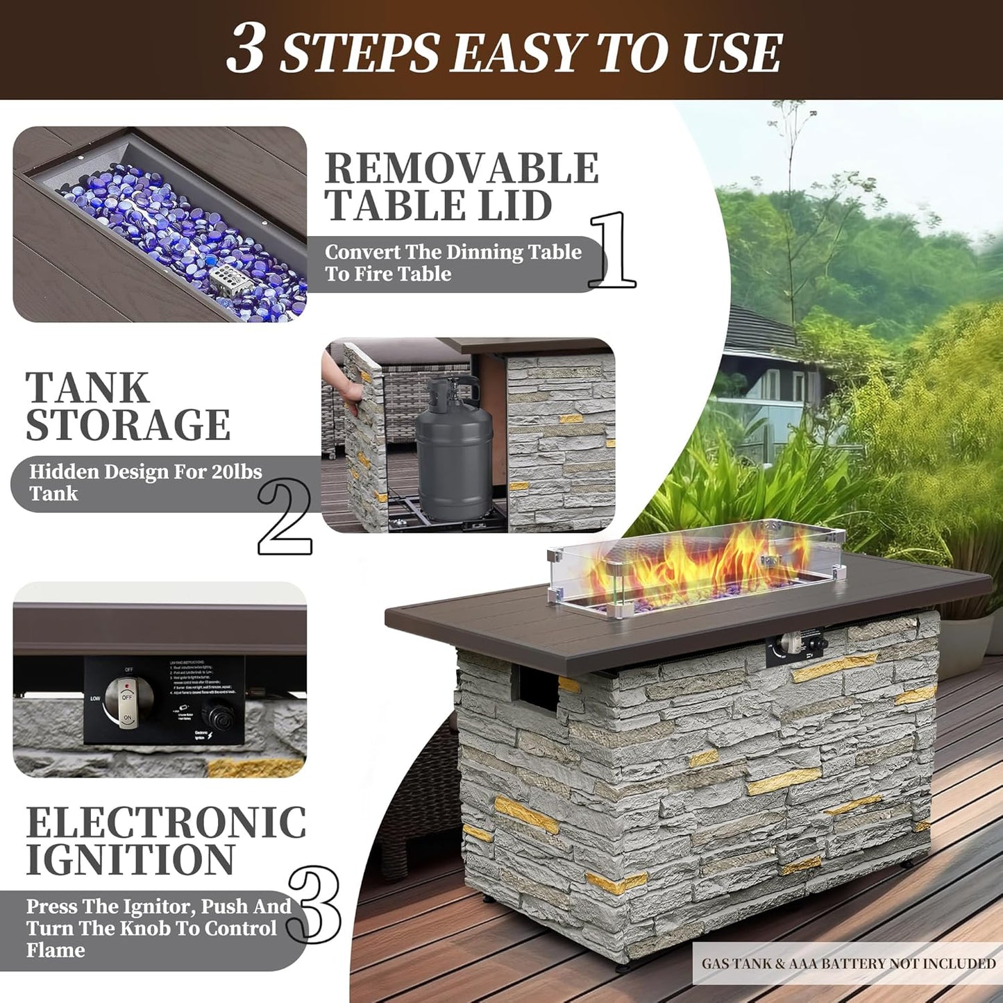 43¡± Propane Fire Pit Table Outdoor Rectangular Stone Firepit Table 50,000 Btu Propane Fire Tables for Outside Patio with Glass Wind Guard, Lid, Fire Glass Beads,Brown Rock Look