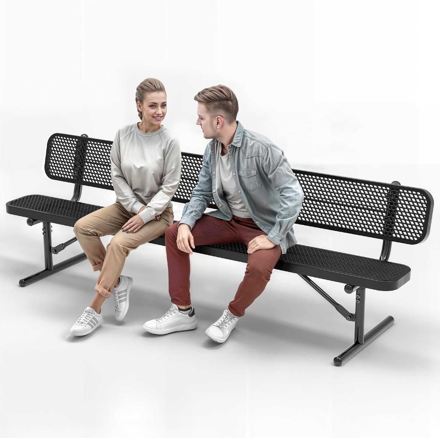 Heavy-Duty Outdoor Metal Bench, Thermoplastic-Coated, Portable, Weatherproof, Commercial-Grade for Parks, Gardens, Patios, Stores & More (8 Ft - Portable with Back, Black)