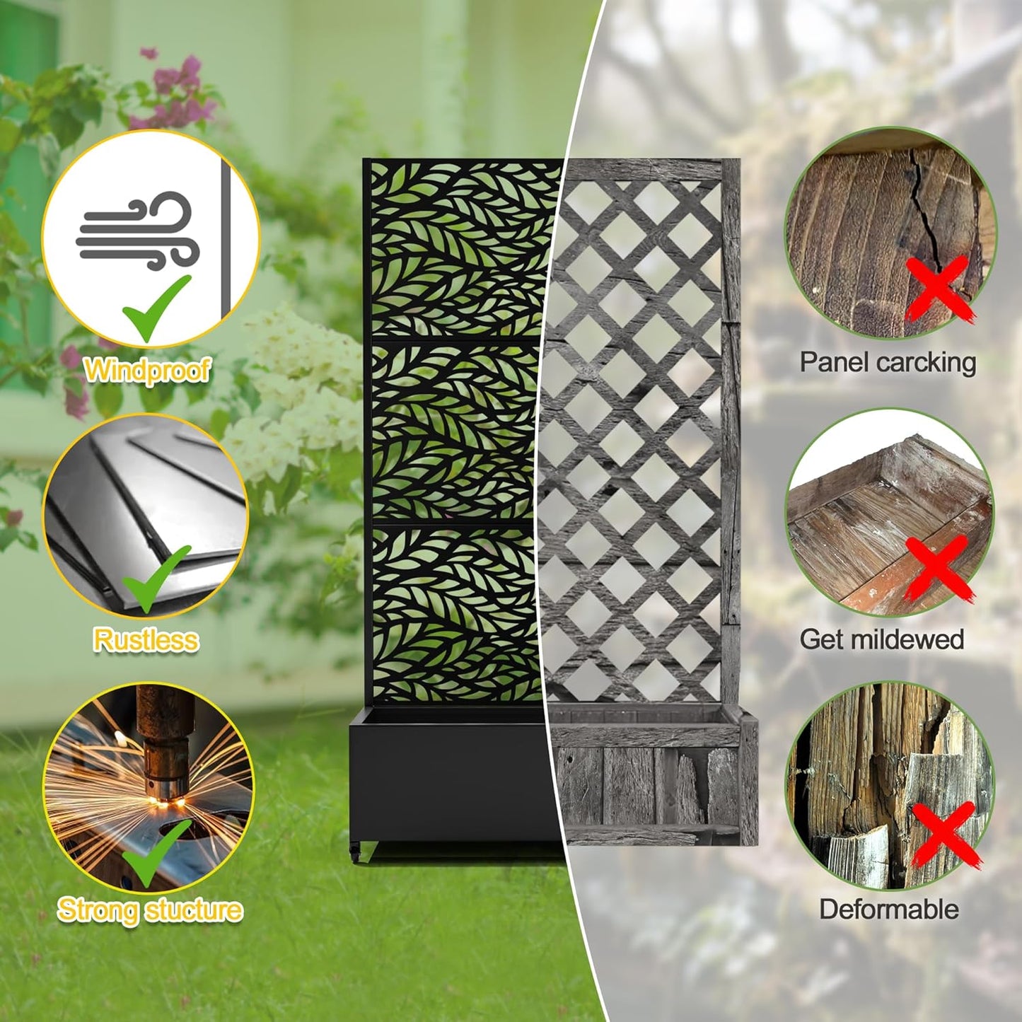 FENCY Metal Raised Garden Bed with Wheels and Trellis,73"x35"x16" Planter Box for Climbing Plants, Vegetables & Vines, Features Privacy Screen and Drainage Holes (Black-Leaf)