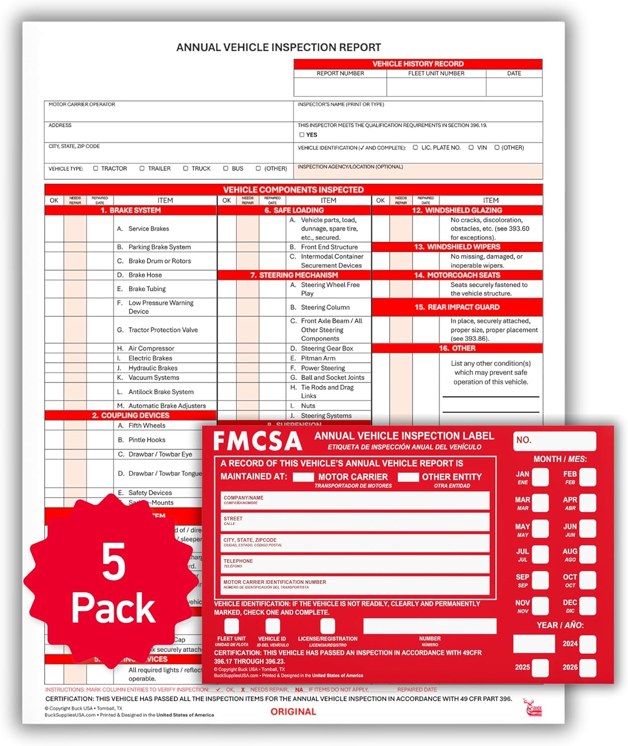 5 Pack 3-Ply Carbonless Annual Vehicle Inspection Report Forms with FMCSA Red Aluminum Adhesive Labels, DOT Inspection Forms and Stickers, Shrink-Wrapped, 8.5" x 11.75" - Made in USA