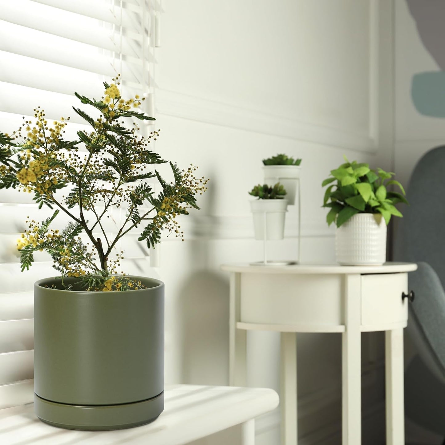 D'vine Dev Set of 2 Plants Pots, 6.5 Inch Ceramic Planter Pot for Plants with Drainage Hole and Saucer, Olive, 94-V-C-J