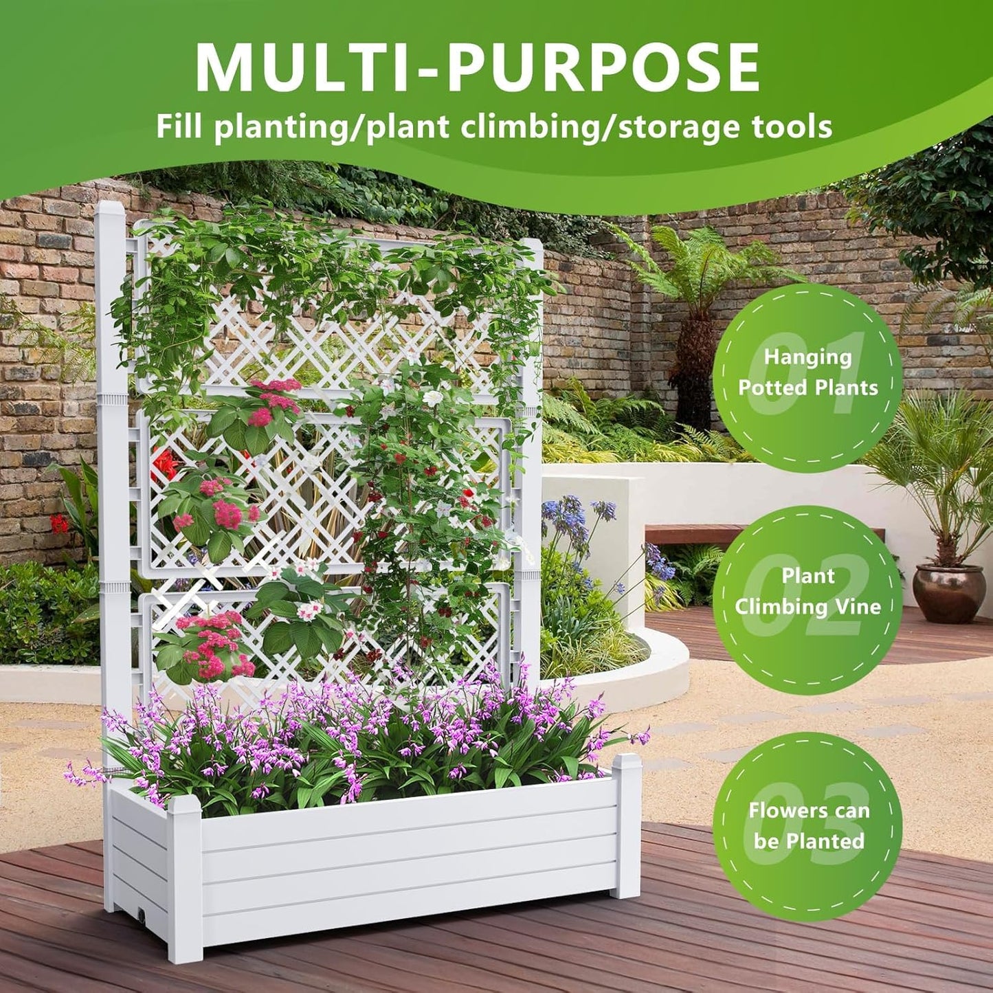 59.3in Planter Box Trellis, Large Outdoor Plastic Raised Garden Bed with Drain Plug for Climbing Plants(Ashen,43.43 * 18.27 * 59.29)