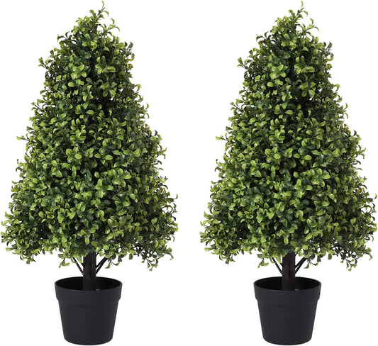 30" Artificial Boxwood Topiary Trees Outdoor Set of 2 - UV Resistant Faux Plants for Front Porch Outside Planter, Realistic Fake Cone-Shaped Bushes & Shrubs 2.5ft