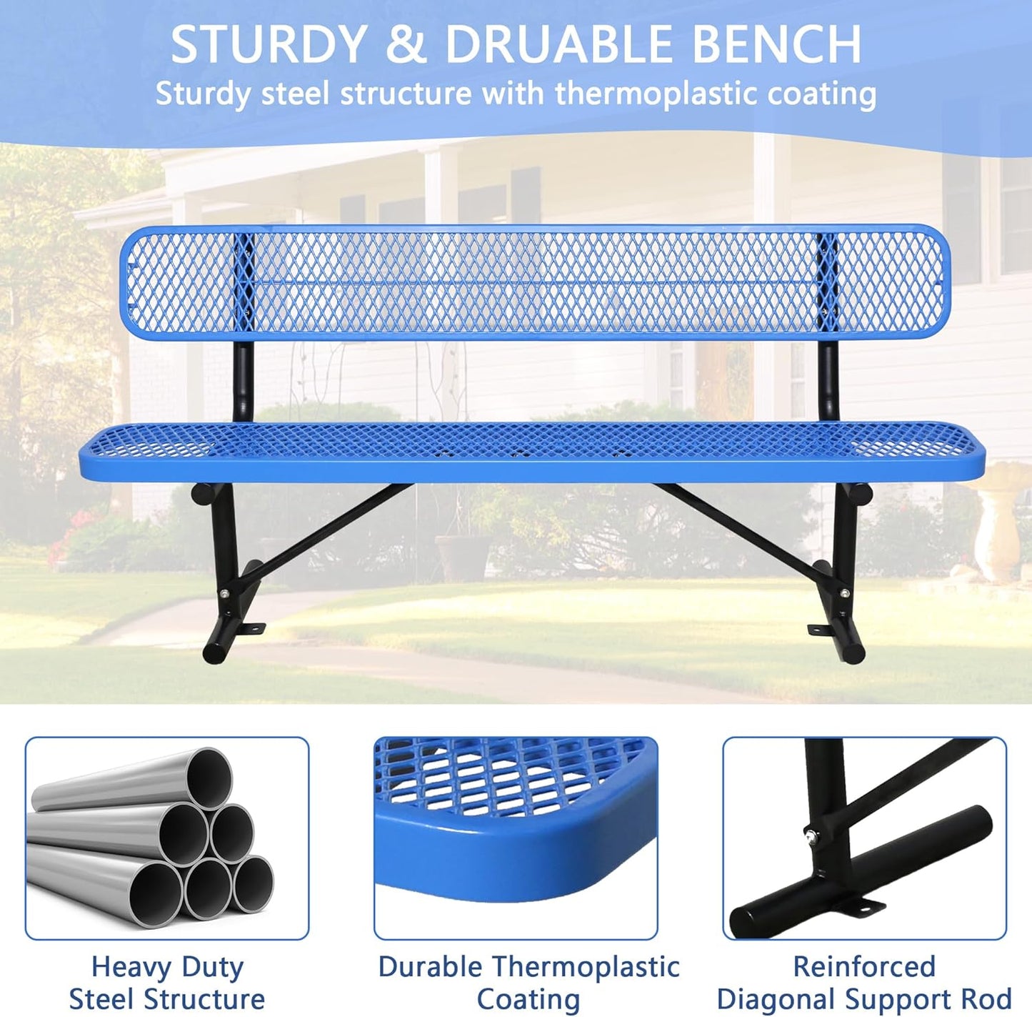 4/6/8 Feet Park Bench for Outside Heavy Duty Metal, Garden Benches Outdoor Bench with Backrest & Portable Frame, for Shopping Malls Stores Parks Patios Decks, Blue