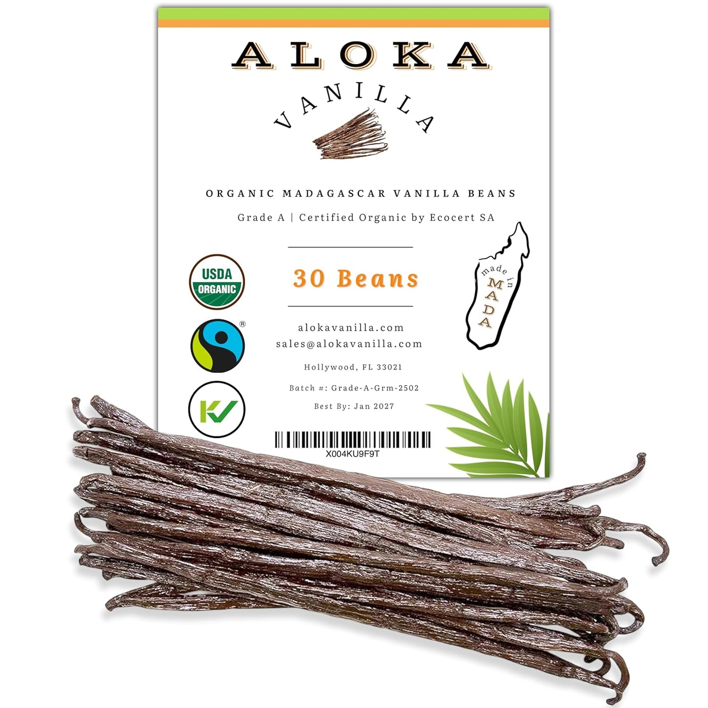 30 Count Organic Madagascar Vanilla Beans – Grade A Bourbon Pods | Gourmet Whole Vanilla Beans for Baking, Cooking, Extract Making | Rich Aroma, Premium Flavor, Non-GMO, Vegan