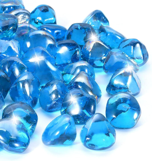 Fire Glass for Propane Firepit, Fireplace and Outdoor Decorative, Caribbean Blue Fire Pit Rocks 10LB, 1 Inch Diamond High Luster Glass Beads