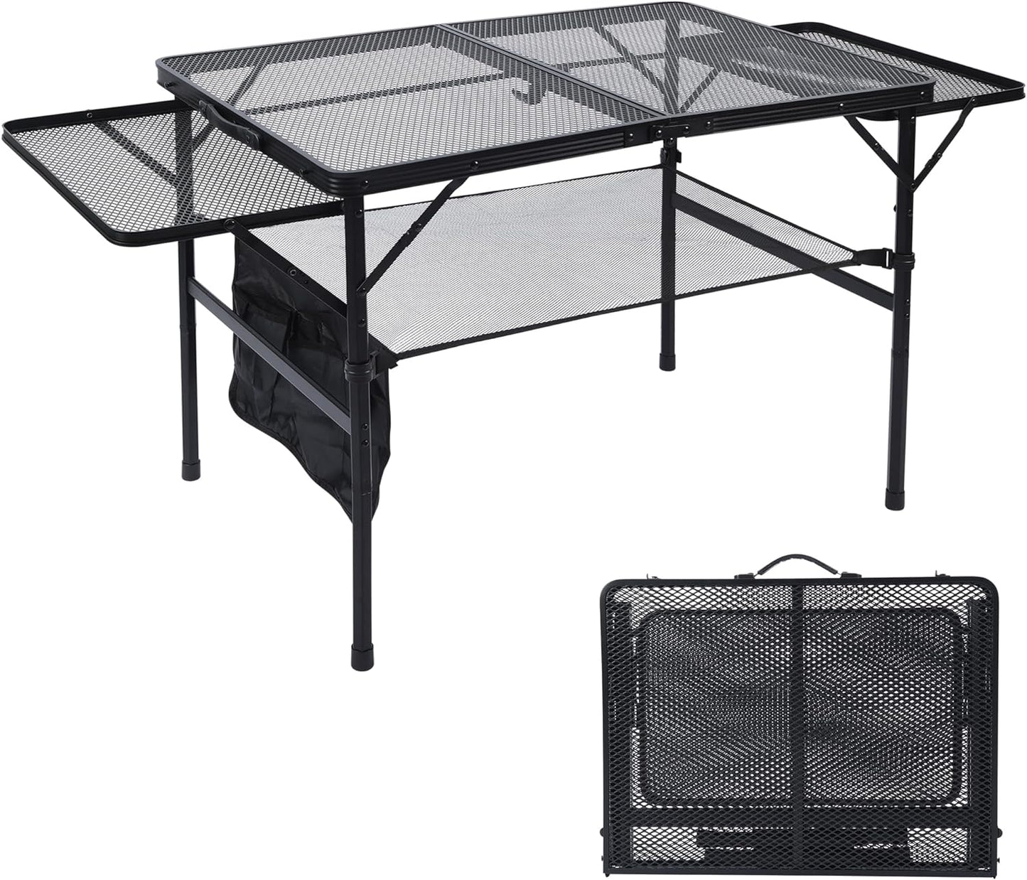Folding Grill Table, 3x2 FT Portable Camping Table with 2 Wing Panels, Height Adjustable Metal Tables with Mesh Desktop and Mesh Bag, Outdoor Furniture for Camping, Picnic, Beach and BBQ, Black